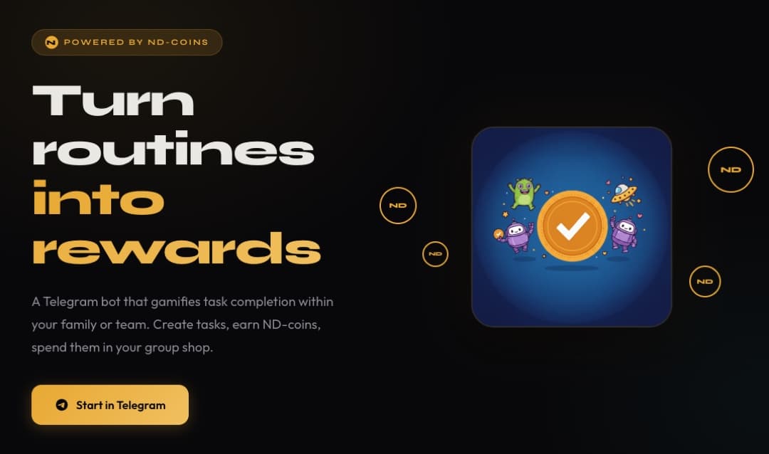 NextDone landing page: Turn routines into rewards, powered by ND-coins
