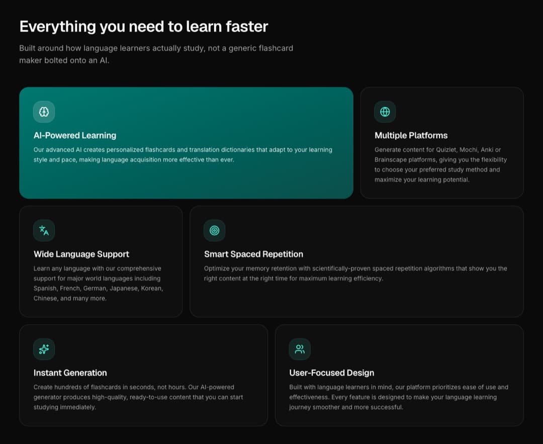 NextLang feature grid: AI-powered learning, multiple platforms (Quizlet, Anki, Mochi, Brainscape), wide language support, and spaced repetition