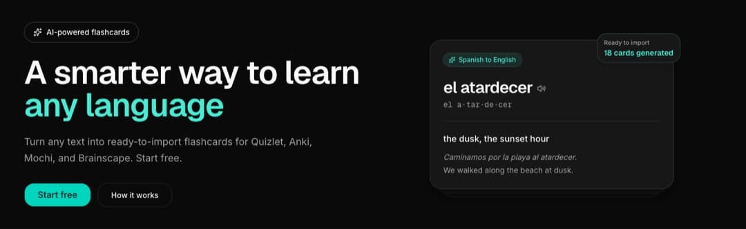 NextLang landing page: turn any text into ready-to-import flashcards for Quizlet, Anki, Mochi and Brainscape, with a generated card preview