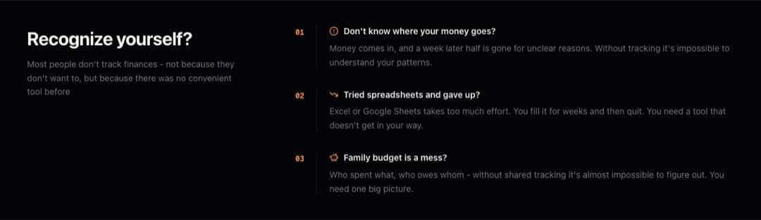 NextSpend 'Recognize yourself?' section: money gone for unclear reasons, spreadsheets filled for weeks then abandoned, family budget a mess