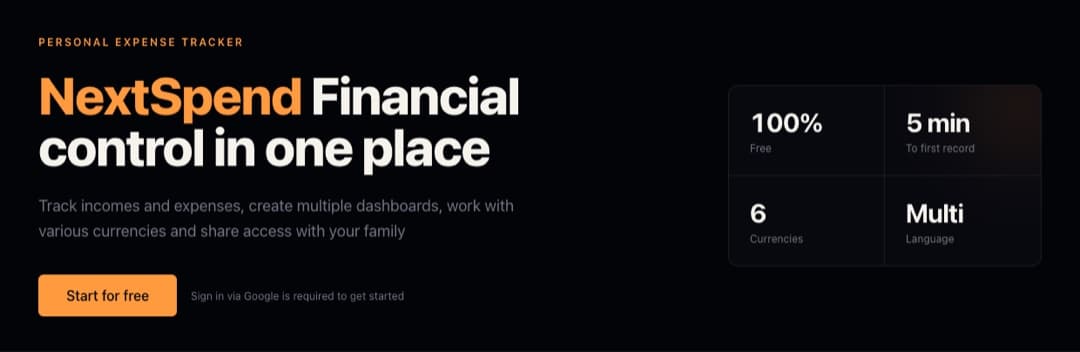 NextSpend landing page: a free personal expense tracker, 100% free, first record in 5 minutes, 6 currencies, multi-language