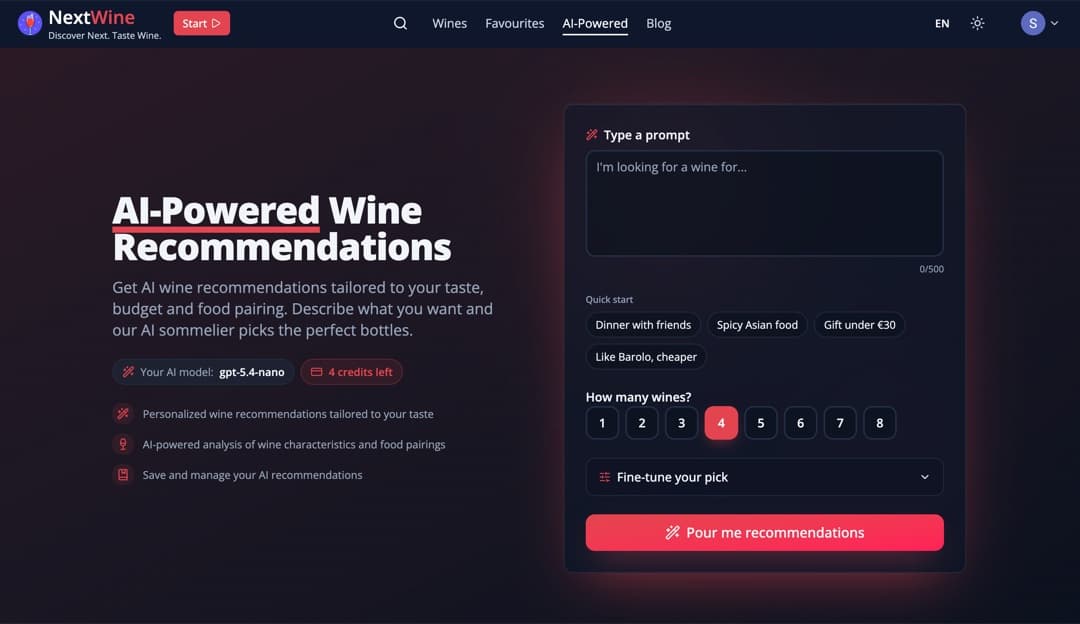 NextWine AI-Powered Recommendations page with a prompt box, quick-start chips, a one-to-eight wine count selector, the active AI model and remaining credits.