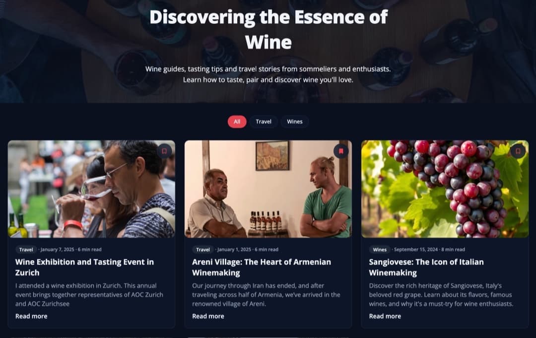 NextWine blog page titled 'Discovering the Essence of Wine' with category filters and three article cards on winemaking and tasting.