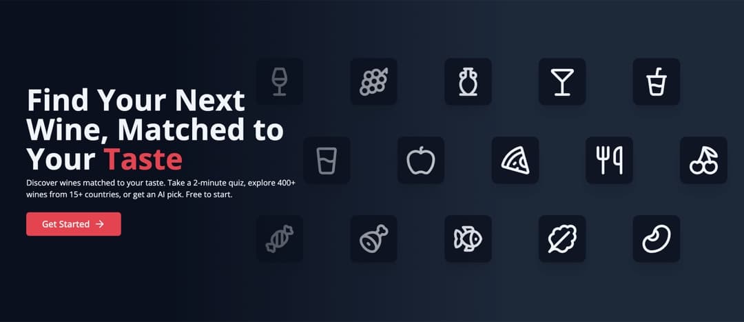 NextWine home hero reading 'Find Your Next Wine, Matched to Your Taste', with a grid of food and wine icons and a Get Started button.